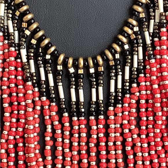 Red and gold fringed western tribal boho festival waterfall handmade necklace - Picture 2 of 4